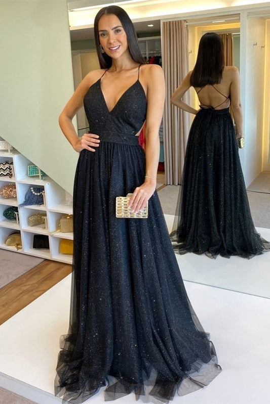 Shiny V Neck Backess Sequins Black Long Prom Dress, Backless Black Formal Dress   cg12629