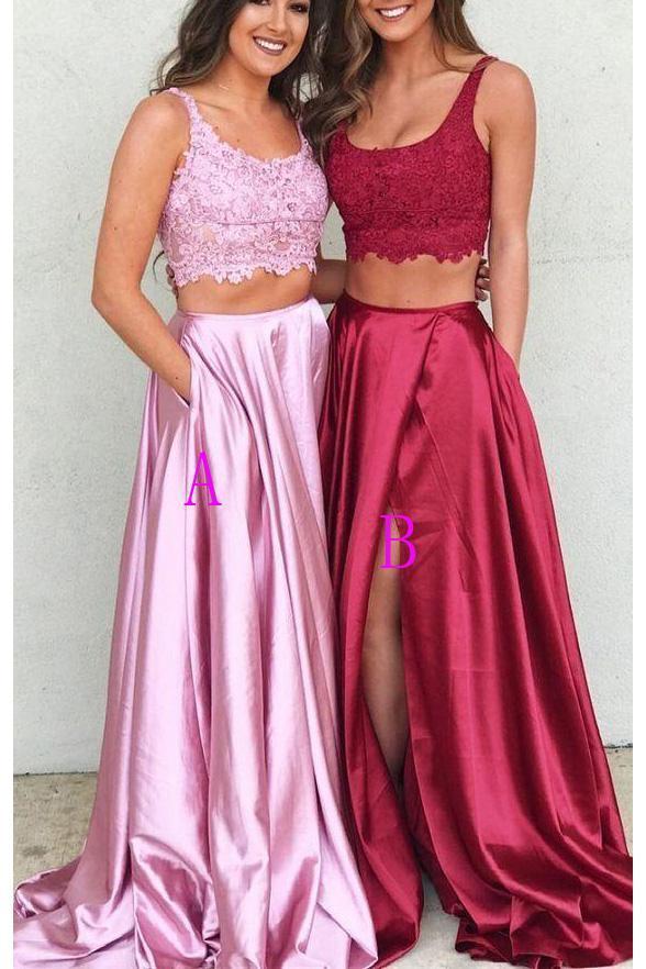 Two Piece A Line U Neck Pink Slit Lace Long Prom Dresses Formal Evening Dress   cg12637