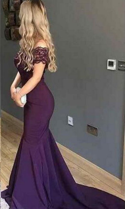 Purple Country Prom Dress Scoop Lace Satin Mermaid Party Gown Formal Evening Party Dress   cg12649