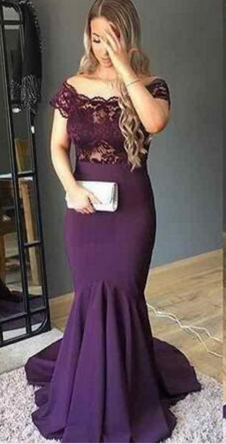 Purple Country Prom Dress Scoop Lace Satin Mermaid Party Gown Formal Evening Party Dress   cg12649