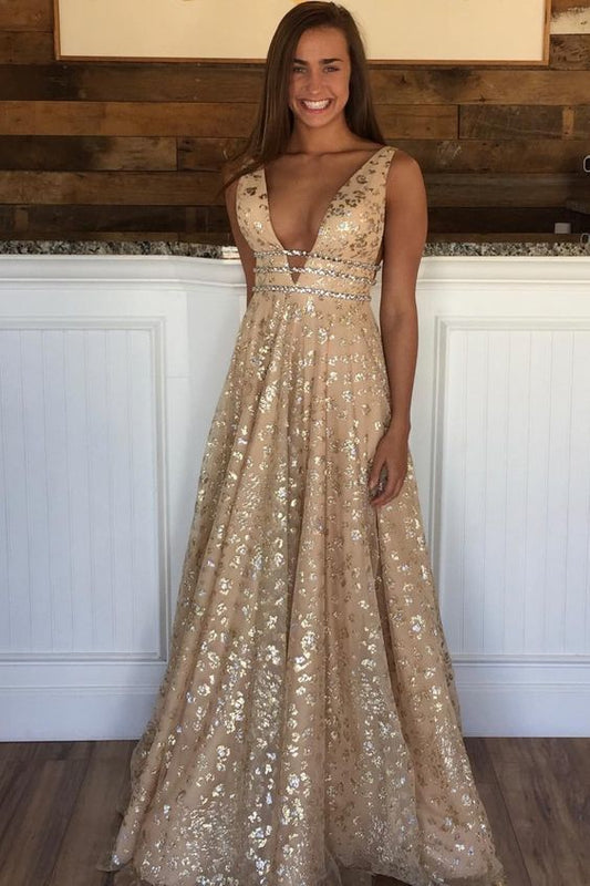 Sparkle A-line Gold Sequins Long Prom Dress   cg12658