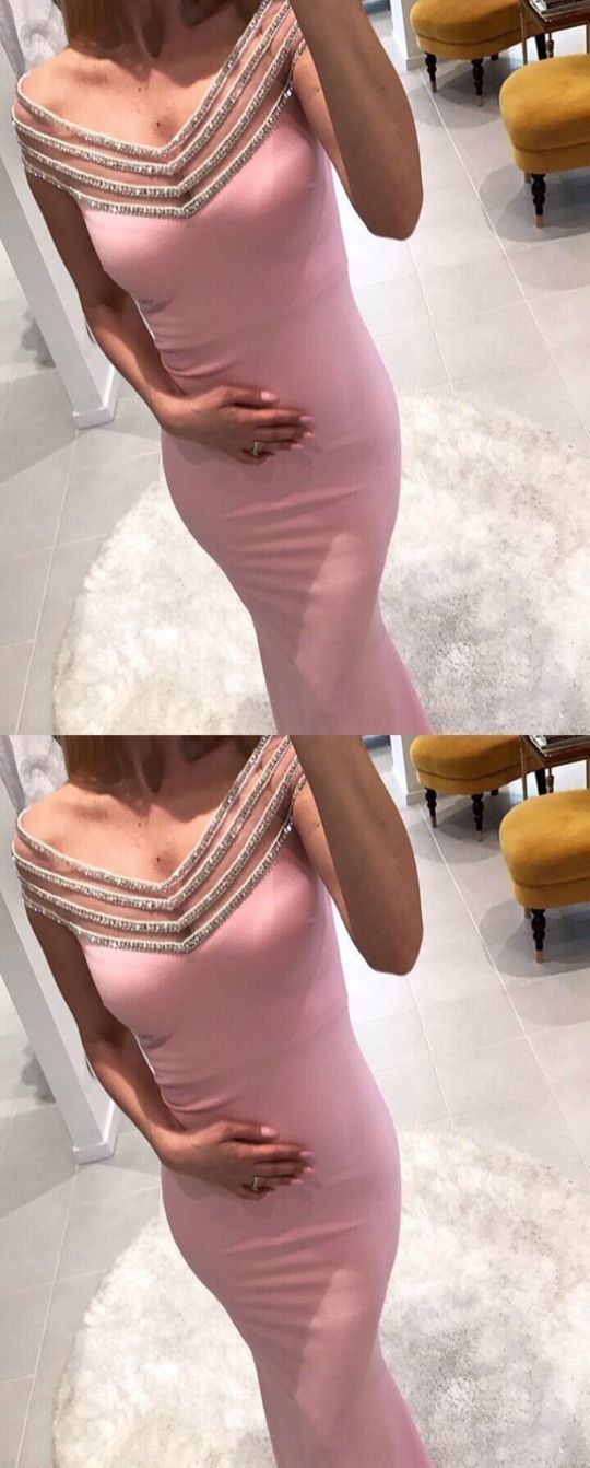 Beaded Long Prom Dresses Mermaid Evening Dresses Pink V-Neck Formal Dresses   cg12671