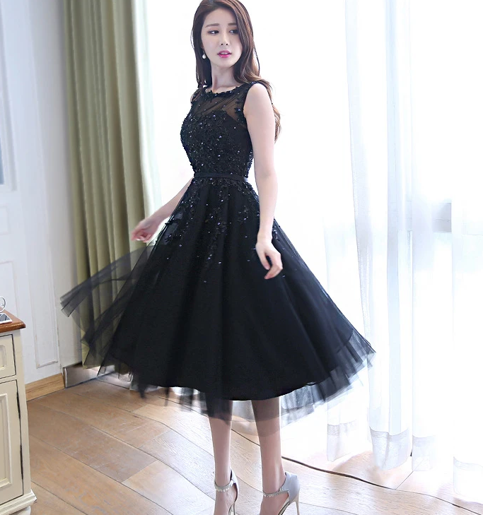 Beautiful Handmade Tea Length Tulle Black Party Dress, Black Bridesmai