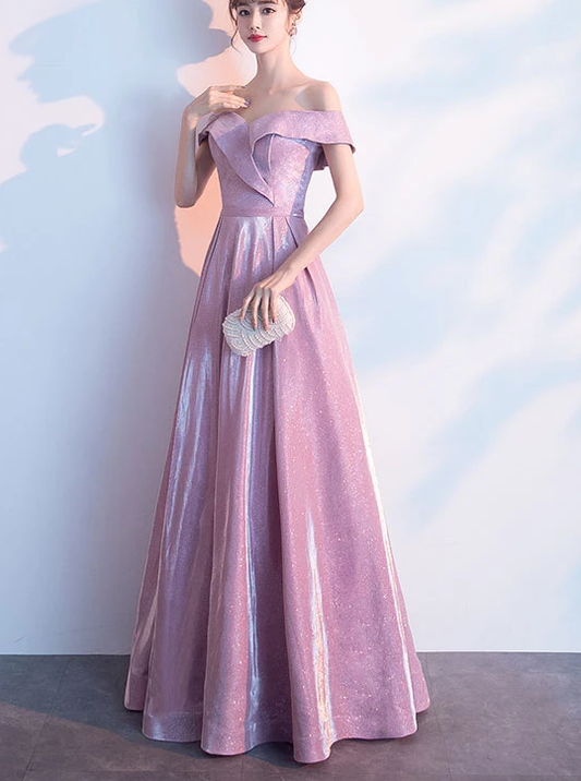 Beautiful Off Shoulder Pink Shiny Long Bridesmaid Dress, Cute Prom Dress   cg12692