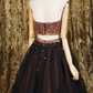 Black two pieces beads tulle short black homecoming dress    cg12694