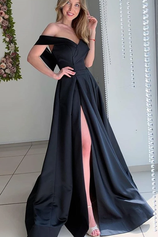 Elegant Off Shoulder Long Black Prom Dress with High Slit, Off the Shoulder Black Formal Dress, Black Evening Dress   cg12704