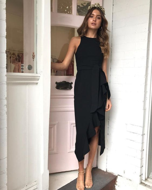 Sheath Round Neck Black Satin Irregular Hem Long Pencil Work Dresses,Party Dresses Prom Dress   cg12707