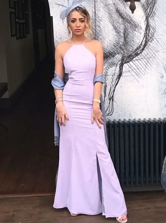 Sheath Halter Floor Length Lilac Satin Prom Dress   cg12710