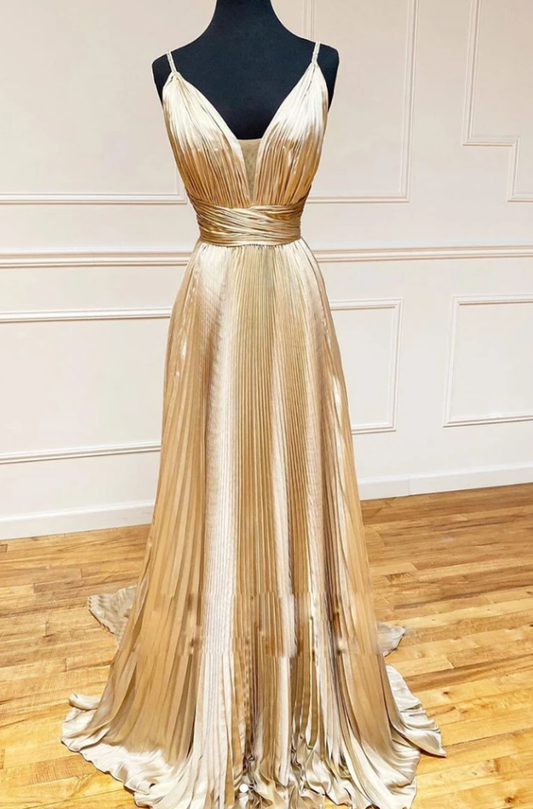 Simple v neck satin long prom dress champagne evening dress    cg12715