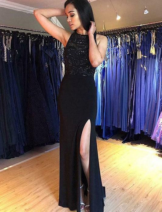 Popular Sheath Jewel Sleeveless Black Evening Dress with Split Beading Prom Dress   cg12718