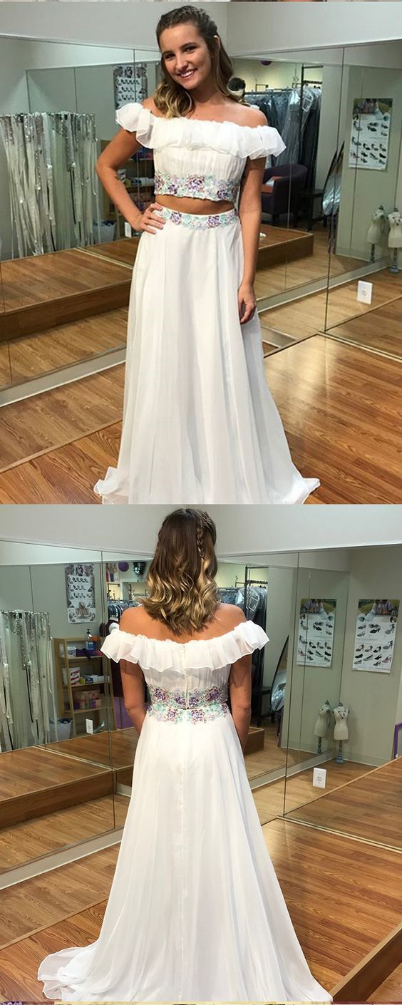 White Long Two Piece Off the Shoulder Chiffon Prom Dress   cg12726