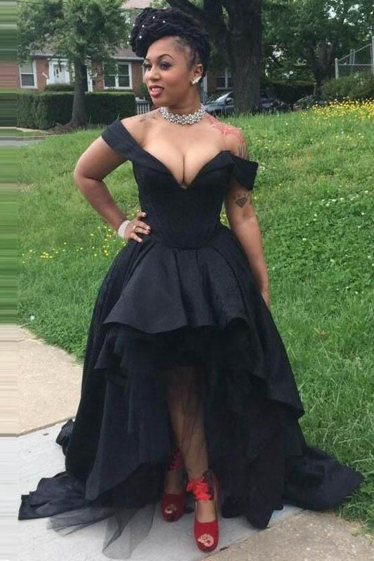 Sexy Black Off the Shoulder V Neck High Low Prom Dresses,Party Graduation Gowns   cg12735