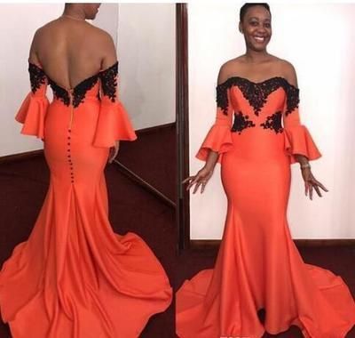 Off Shoulder Evening Dresses Formal Party Dress Sexy Back Half Sleeves Lace Applique Mermaid Prom Dress   cg12738
