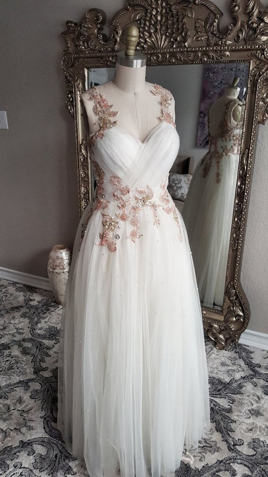 Gold and Blush Floral Embroidered Beaded A-Line  Formal Gown Prom Dress 2021   cg12744