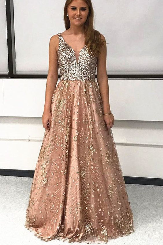 A-Line Gold Tulle Long Prom Dress with Sequins   cg12754