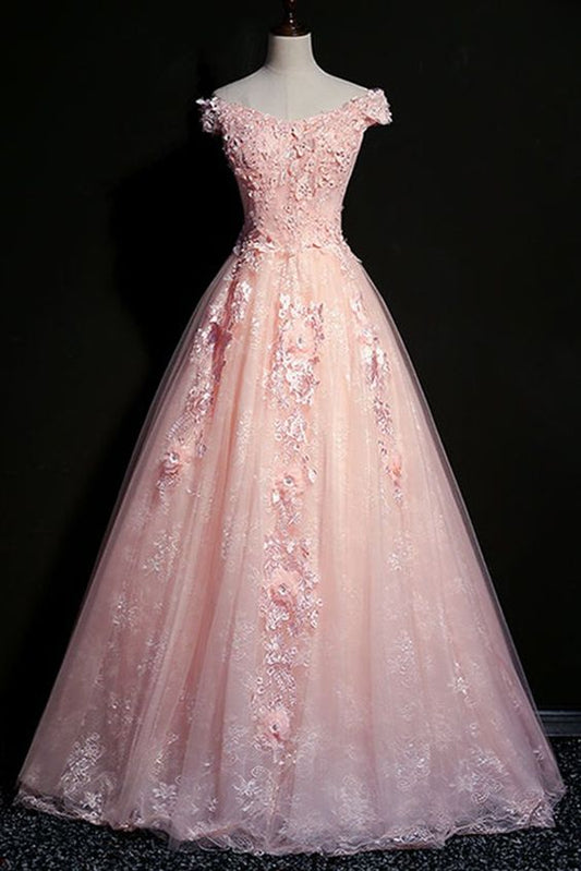 Unique pink tulle v neck short sleeve long lace evening dress, senior prom dress   cg12761