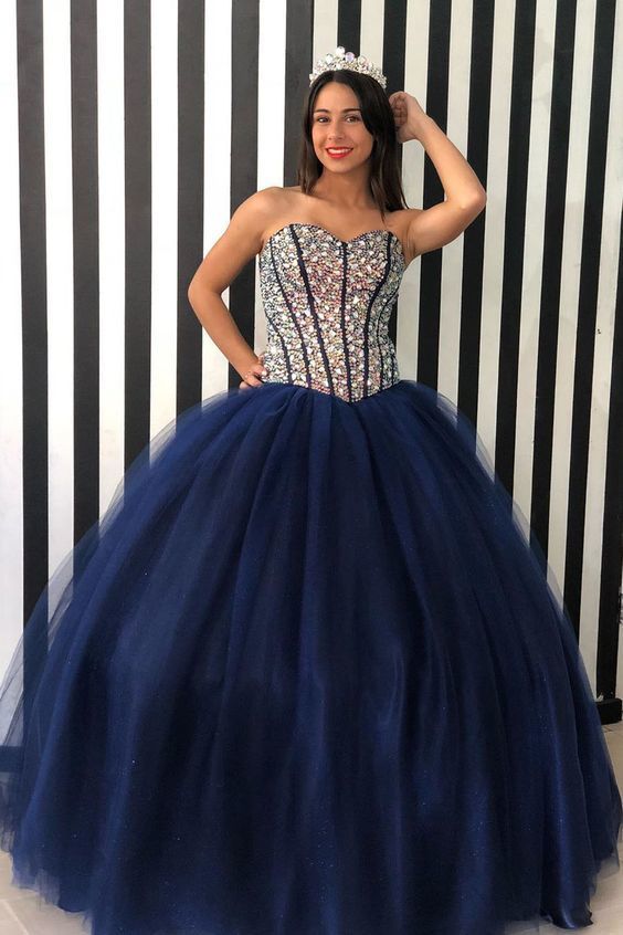 Sweetheart Navy Blue Beaded Long Quinceanera Dress long prom dress     cg12778