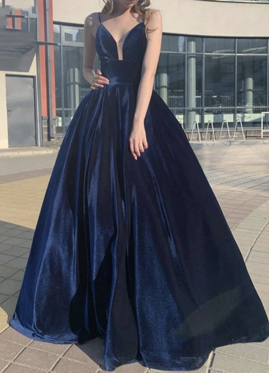 A line velvet long prom dress blue evening dress   cg12779