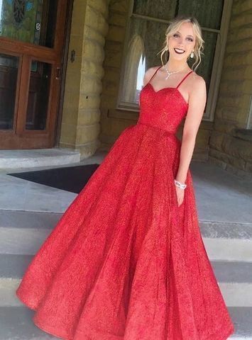 Ball Gown Spaghetti Straps Long Sexy Red Sequins Prom Dress   cg12787