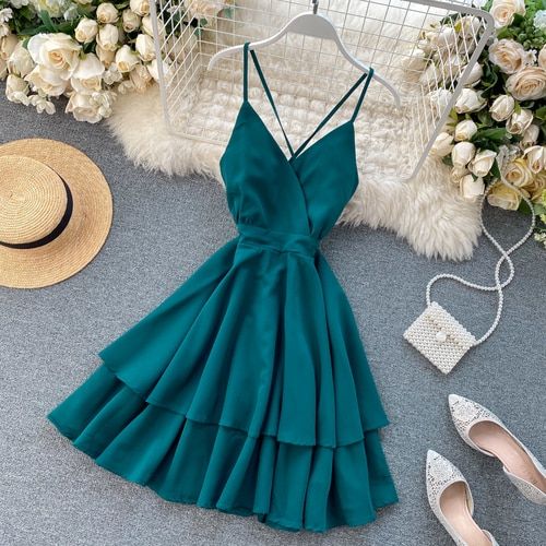 Women Dress Chic Spaghetti Strap Vestidos Sweet V Neck Sexy Backless Slim Waist Ruffle Beach homecoming Dresses    cg12792