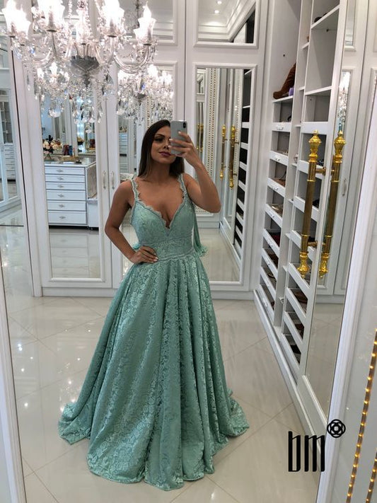 Long Prom Dresses A-line V Neck Long Prom Dress With Lace   cg12801