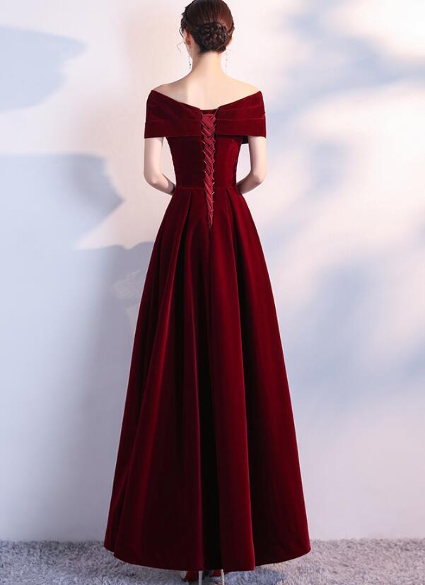 Elegant Wine Red Long Off Shoulder Velvet Party Dress, A-Line Long Prom Dress   cg12805