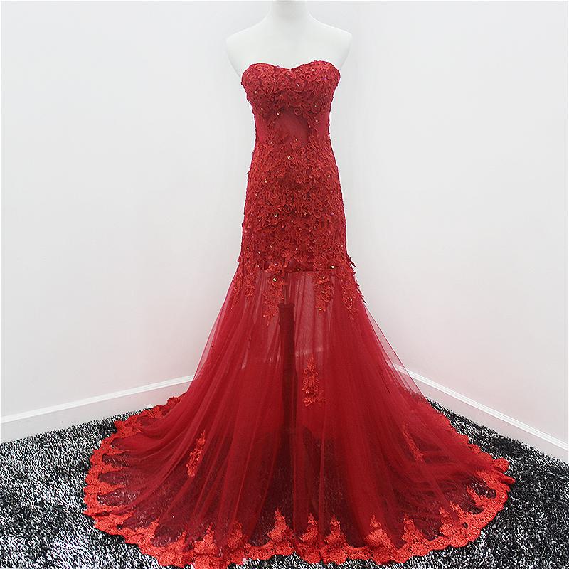 Beautiful Mermaid Tulle Sweetheart Evening Gown, Wine Red Lace Applique Prom Dress   cg12806