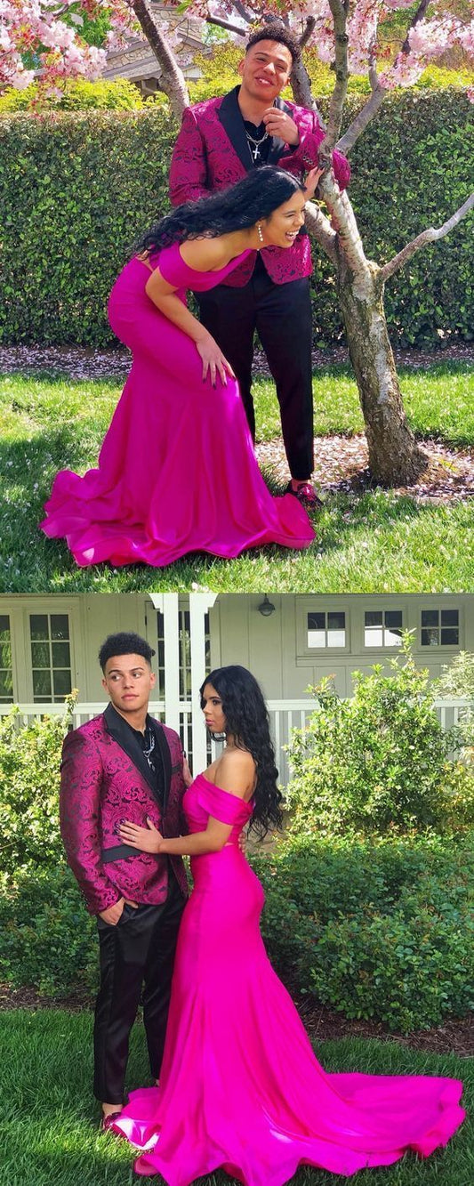 Long Prom Dresses Mermaid Two Piece Prom Dresses Cheap, Fuchsia Prom Dresses    cg12811