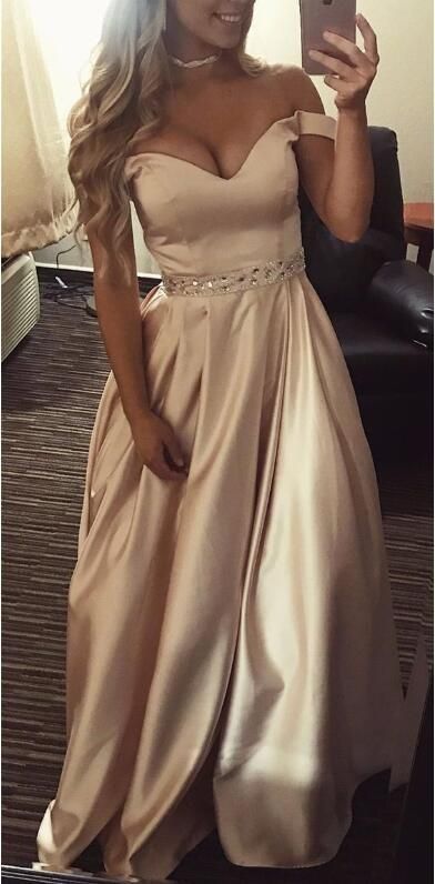 Beautiful Off Shoulder Satin Beaded Floor Length Party Gown prom dress   cg12812