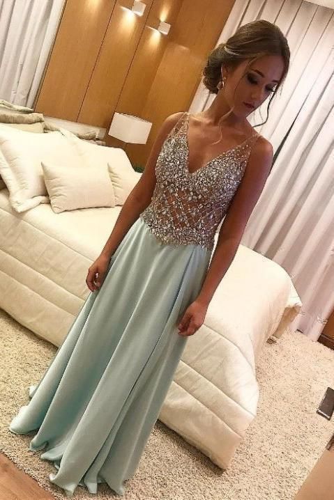 A Line V Neck Light Green Beads Sleeveless Satin Prom Dresses Long Formal Dresses   cg12814