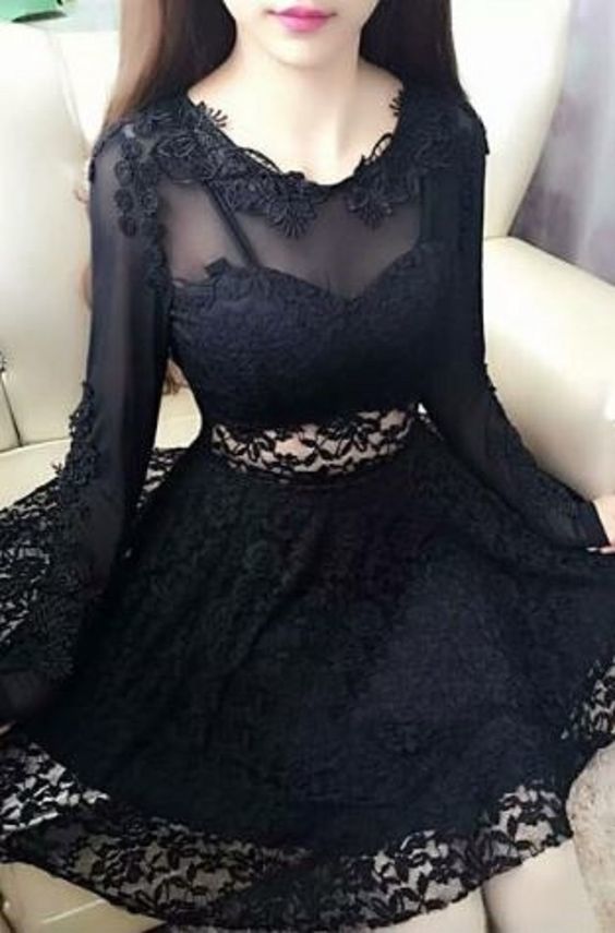 Sexy Black Lace Jewel Neck Long Sleeves Lace A-Line Short Homecoming Dress  cg1282