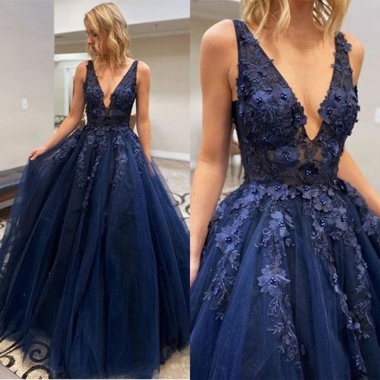 Navy Blue Tulle Evening Dresses with 3D Flower Beads Lace Plus Size prom dress   cg12821
