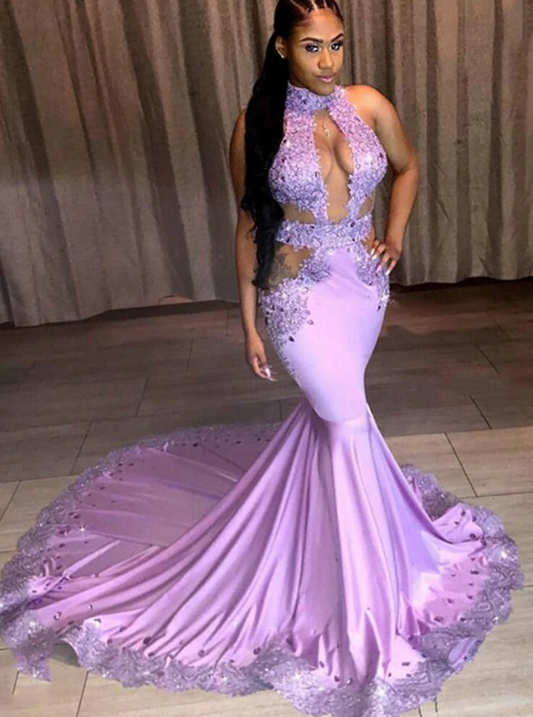 Purple Mermaid Satin Cut Out Appliques Beading Prom Dress   cg12823