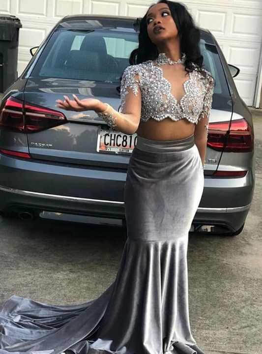 Silver Gray Mermaid Velvet Long Sleeve Two Piece Appliques Beading Prom Dress   cg12825