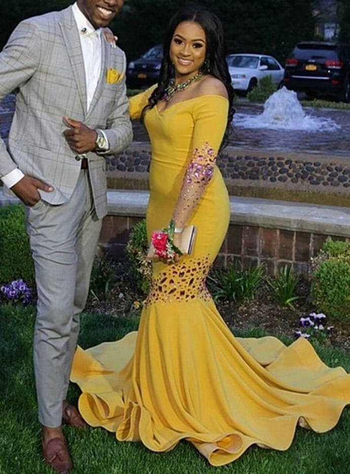 Yellow Mermaid Satin Off the Shoulder Long Sleeve Crystal Prom Dress c ...