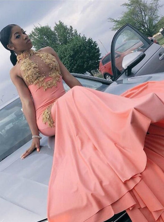 Pink Mermaid Halter Appliques Sleeveless Backless Prom Dress   cg12829