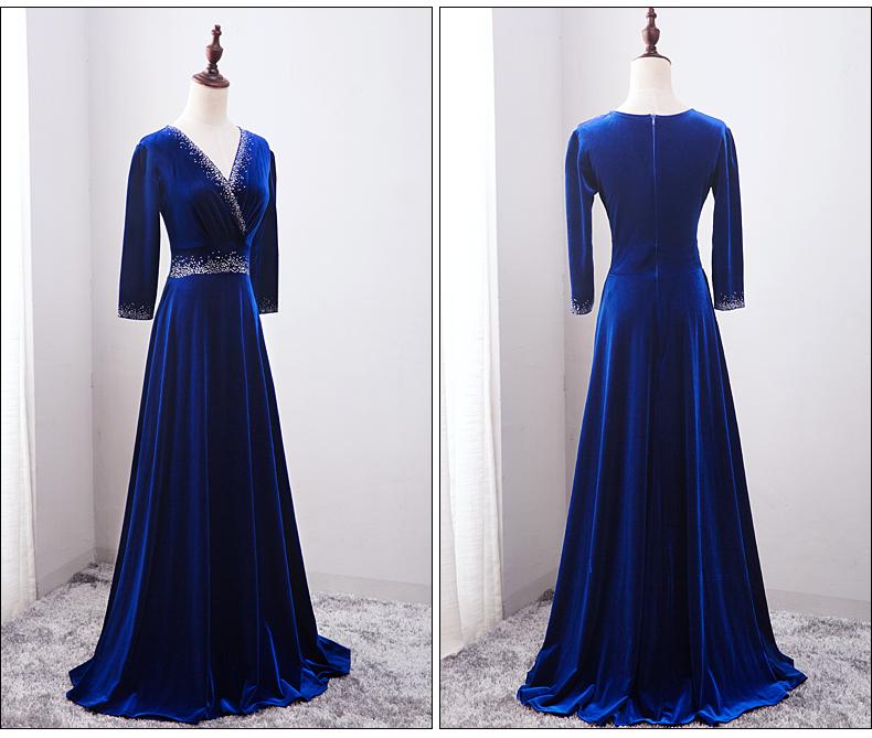 Beautiful Royal Blue Beaded Long Sleeves Wedding Party Dress, Blue Prom Dress   cg12835