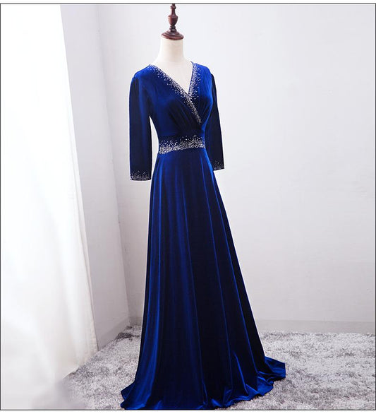 Beautiful Royal Blue Beaded Long Sleeves Wedding Party Dress, Blue Prom Dress   cg12835