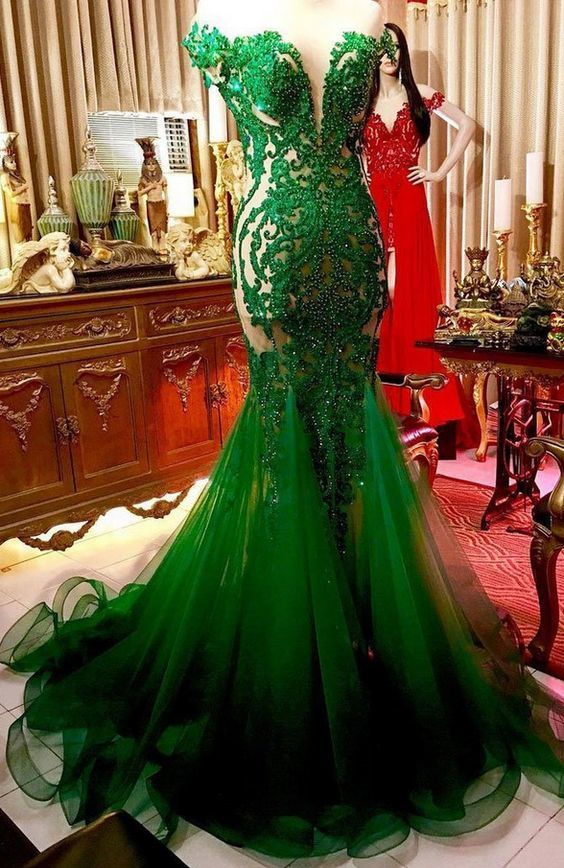 Green Lace Tulle Long Prom Dress, Green Lace Evening Dress    cg12844