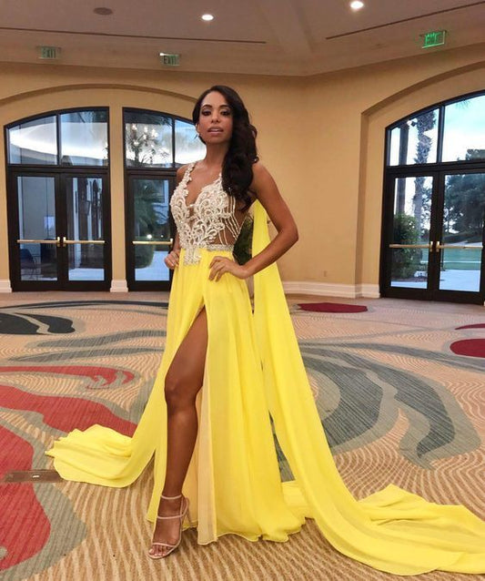 A-line yellow and white lace long prom dress    cg12846