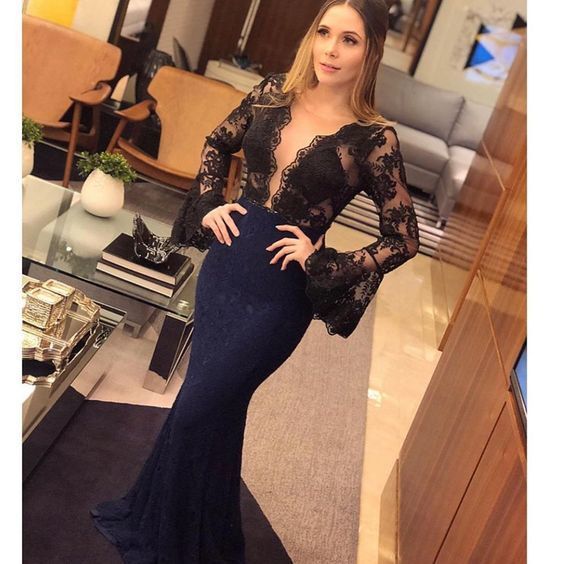 black prom dresses deep v neck long sleeve lace mermaid evening dresses black party dresses   cg12849