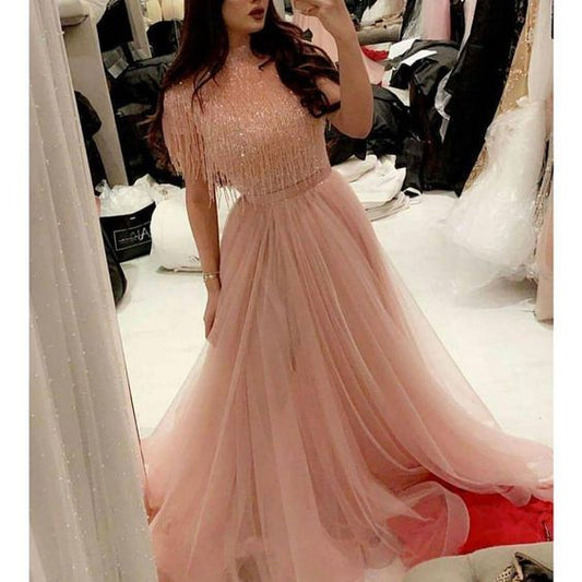 pink prom dresses 2020 tassel short sleeve tulle floor length pink evening dresses   cg12850