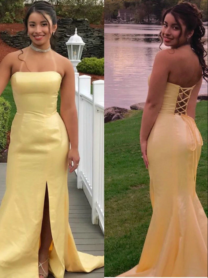 Yellow Mermaid Satin Strapless Prom Dress With Cross Back   cg12856