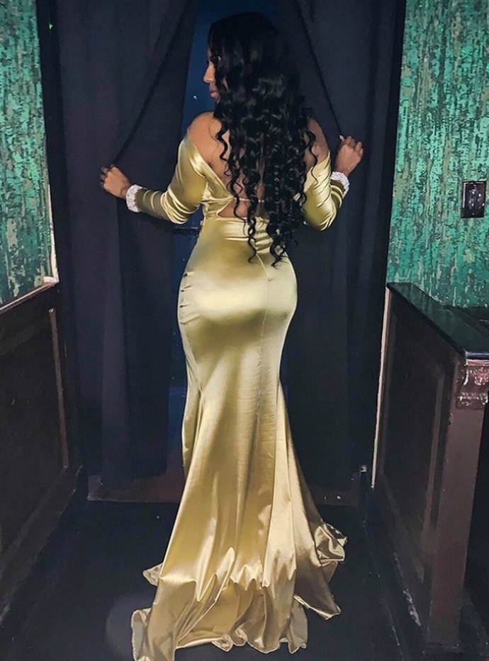 Yellow Mermaid Satin See Through V-neck Long Sleeve Backless Prom Dress   cg12857