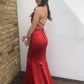 Sexy Red Mermaid Satin V-neck Backless Pleats Prom Dress   cg12859