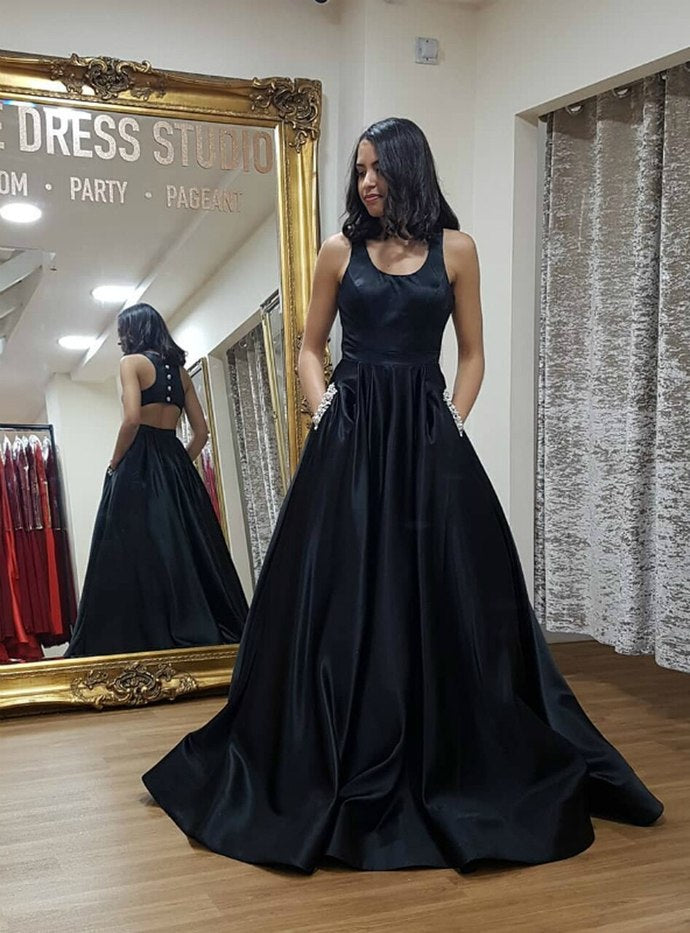 A-Line Black Satin Open Back Prom Dress With Pocket    cg12860