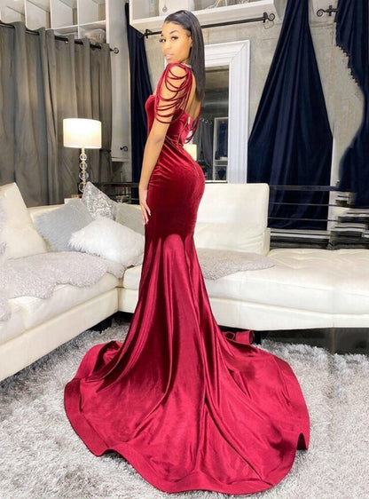 Burgundy Mermaid Strapless Velvet Long Prom Dress    cg12866