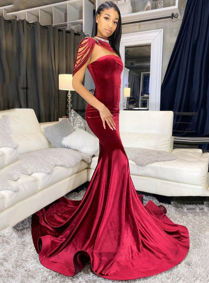 Burgundy Mermaid Strapless Velvet Long Prom Dress    cg12866