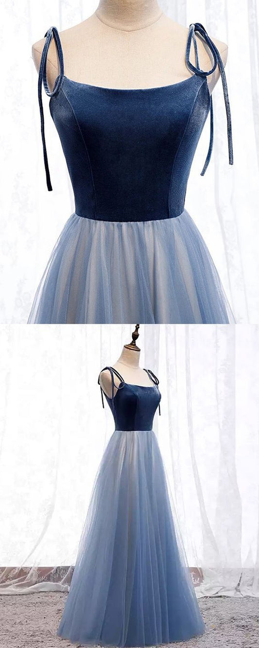 Spaghetti Straps Velvet Bodice Navy Blue Long Formal prom Dress    cg12869