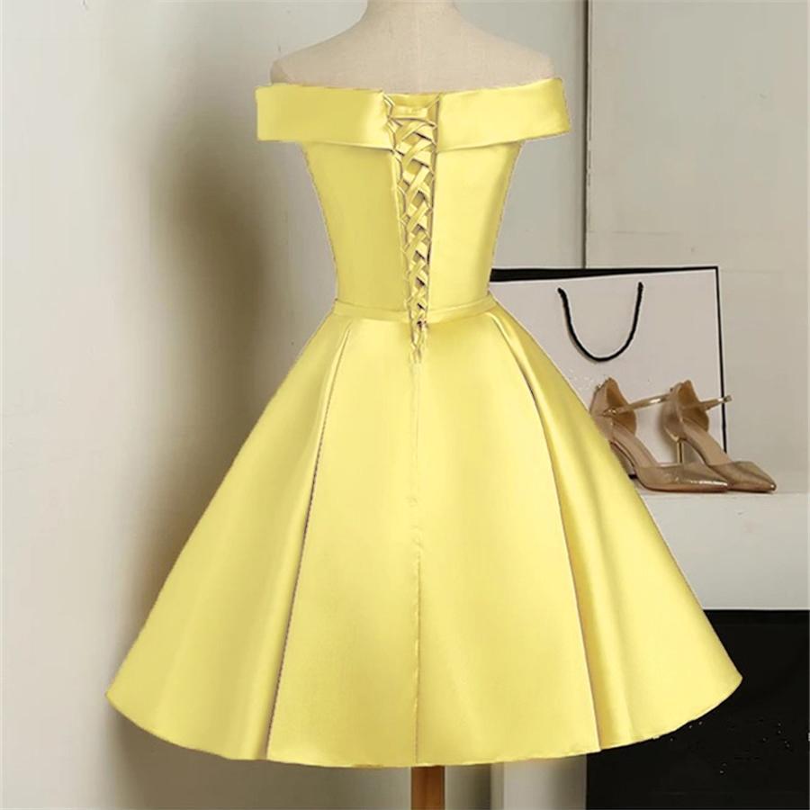 Custom Yellow Satin Off Shoulder Short Party Dress For Letty  Homecoming Dress   cg12873